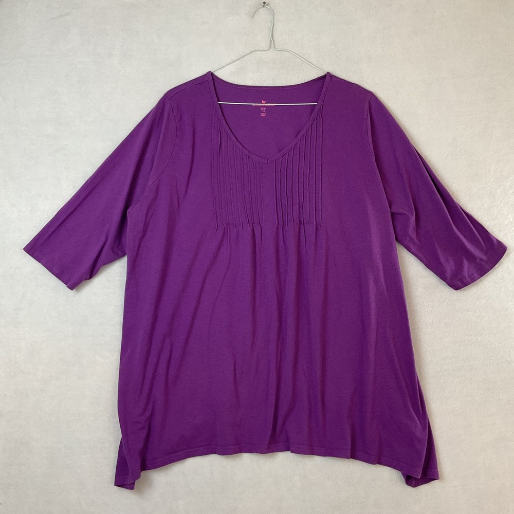 Woman Within Purple Pintuck V-Neck Tunic Top Plus Size 1X 22/24 Elbow Sleeve